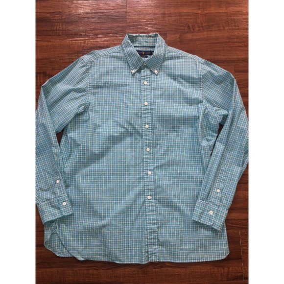 Ralph Lauren 120s 2 Ply Button Front Check Teal/Orange Shirt Mens Size XL - Picture 1 of 4